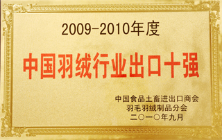 2009-2010年度中國羽絨行業出口十強